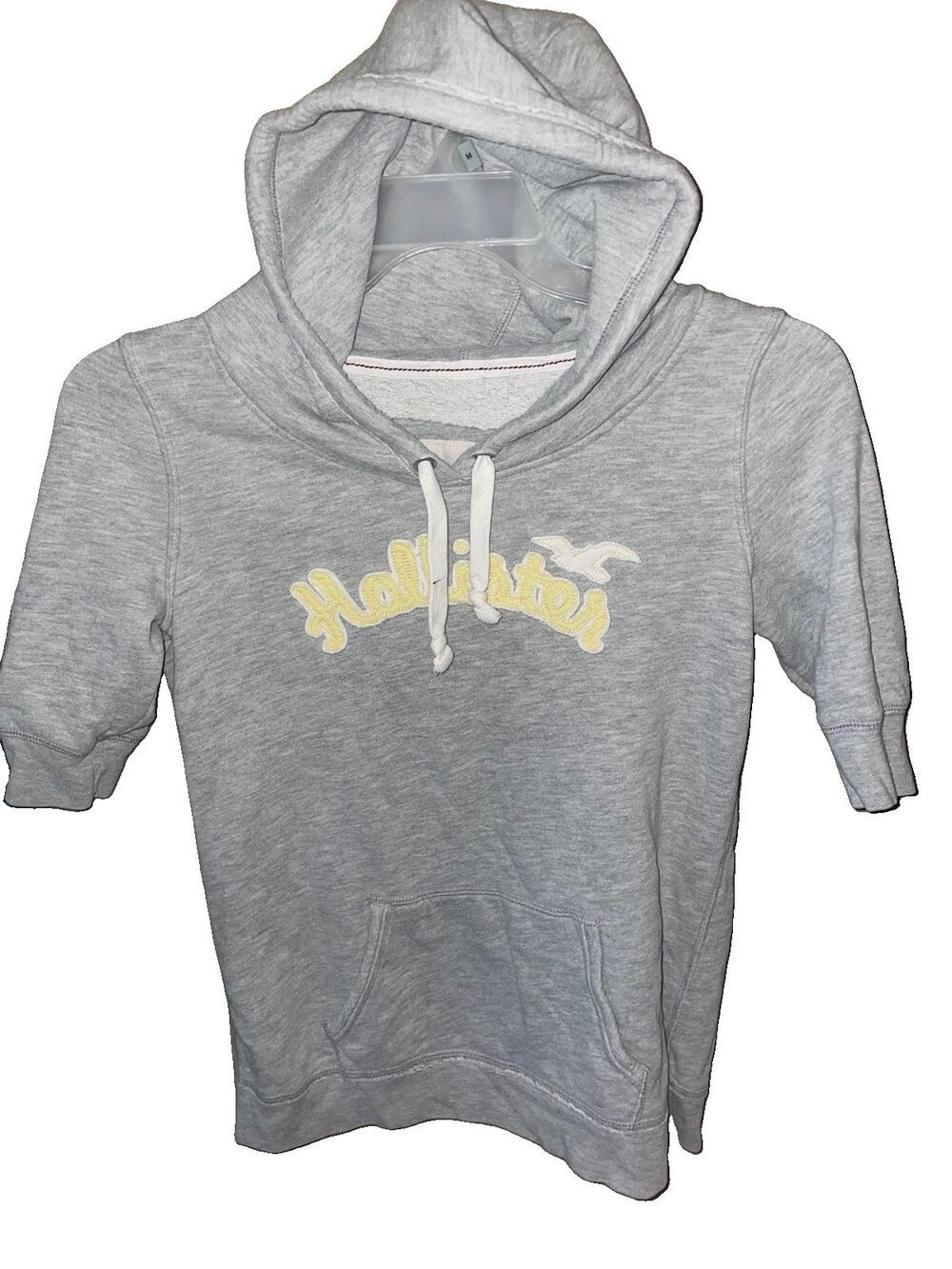 Women’s Hollister Vintage Y2K Short Sleeve Hooded Sweatshirt Sz L Grey